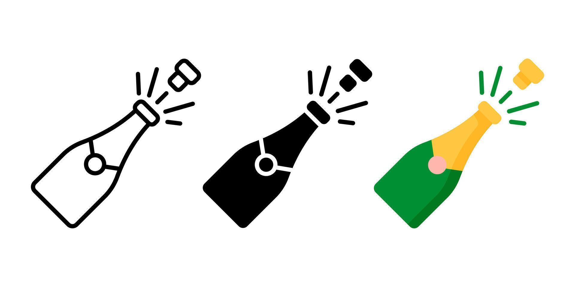 Champagne bottle explosion flat icon. Sparkling wine with flying cork sign. Christmas celebration alcohol symbol. Wedding or holiday party pictogram. New year illustration. vector