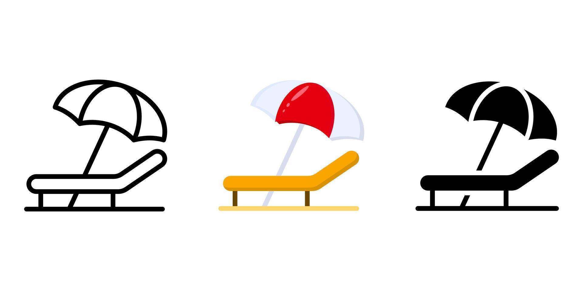 Sunbed color flat icon. Beach chair with umbrella symbol. Vacation sign. Relax sunbathing color illustration. Chaise lounge pictogram. vector