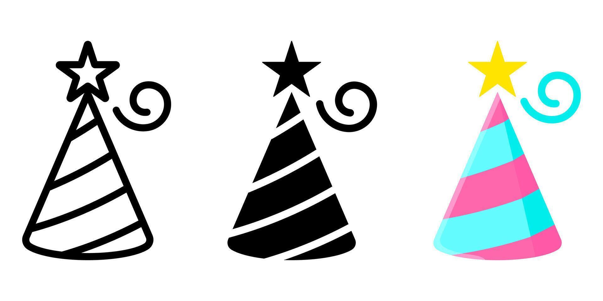 Birthday paper hat flat icon. Celebration cone cap color sign. Party hat decoration symbol. Surprise pictogram. Costume gender party illustration. vector
