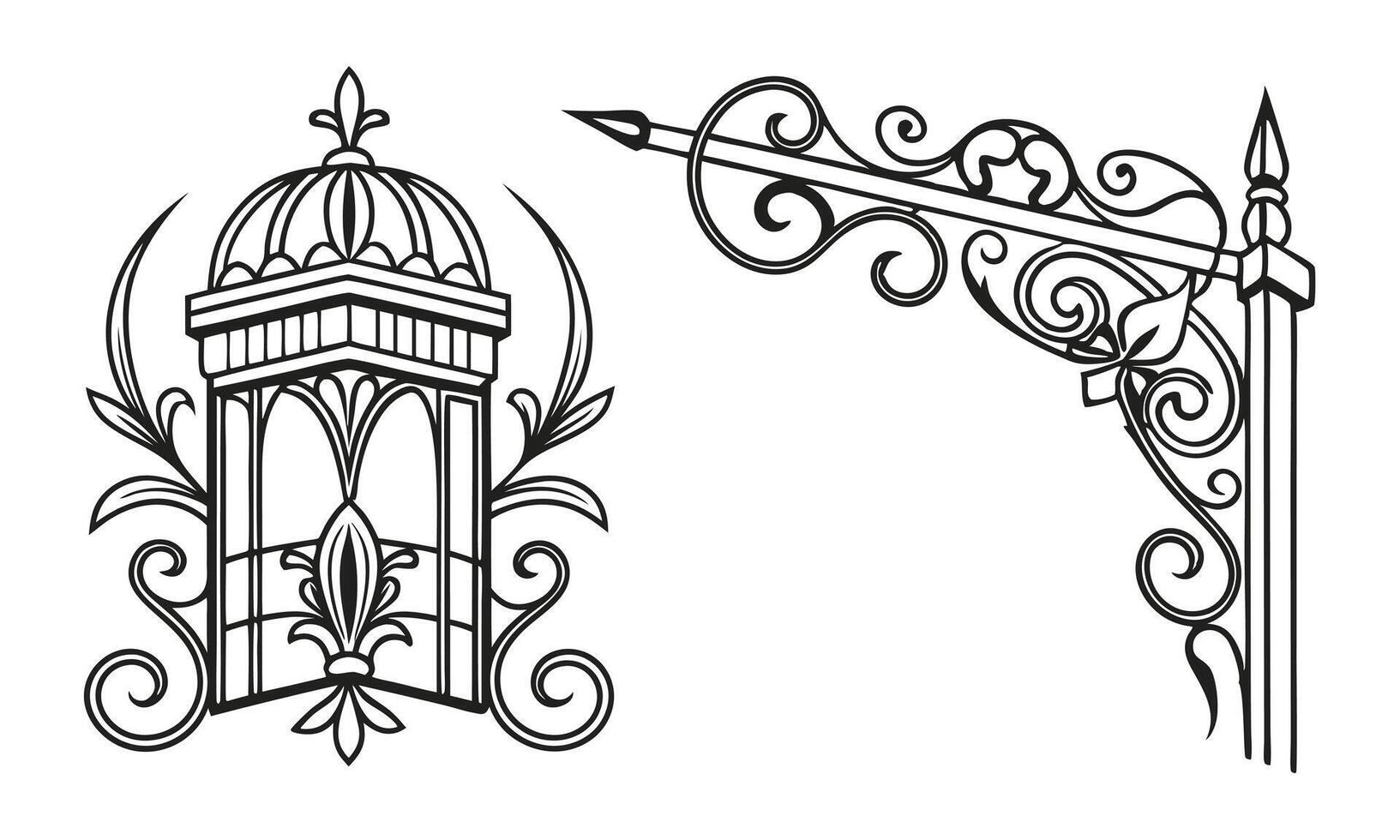 a set of decorative elements, including a lamp post and a lantern vector