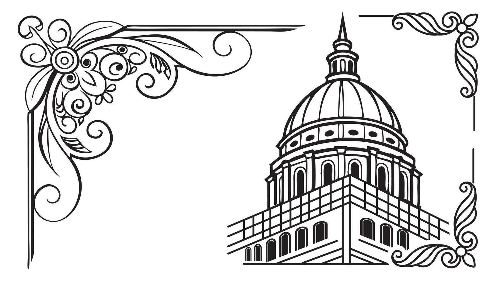 a drawing of a building with a clock on top vector