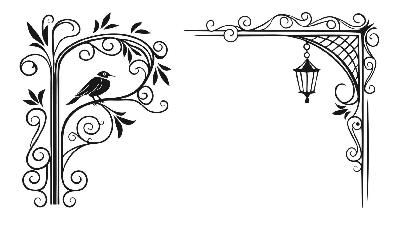 two ornate frames with a bird on a branch and a lantern vector
