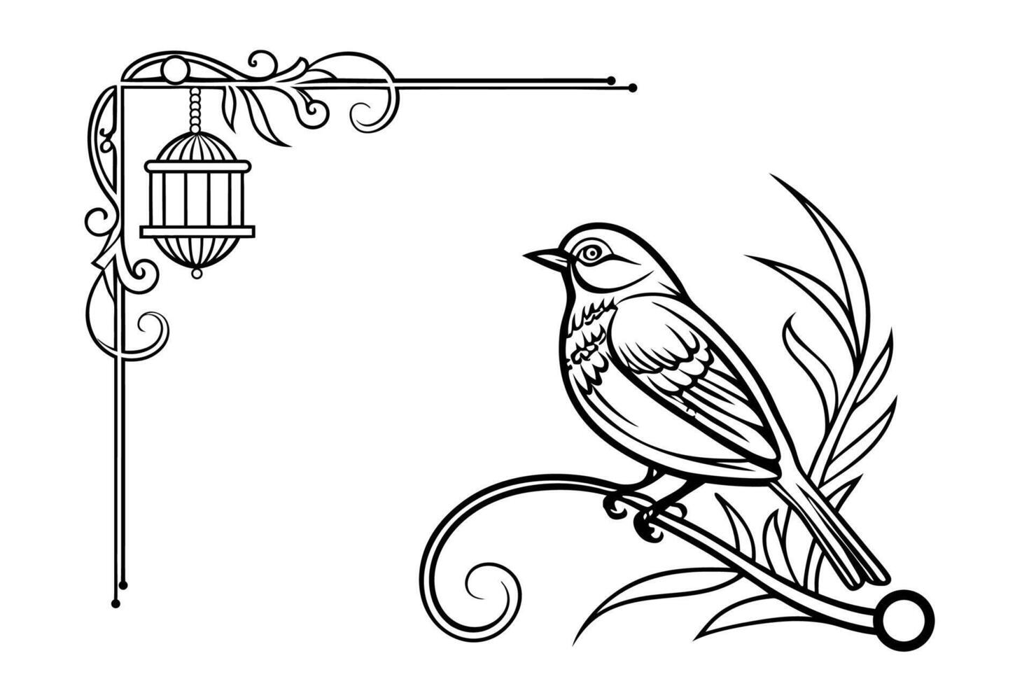 bird on a branch with a bird cage in the background vector