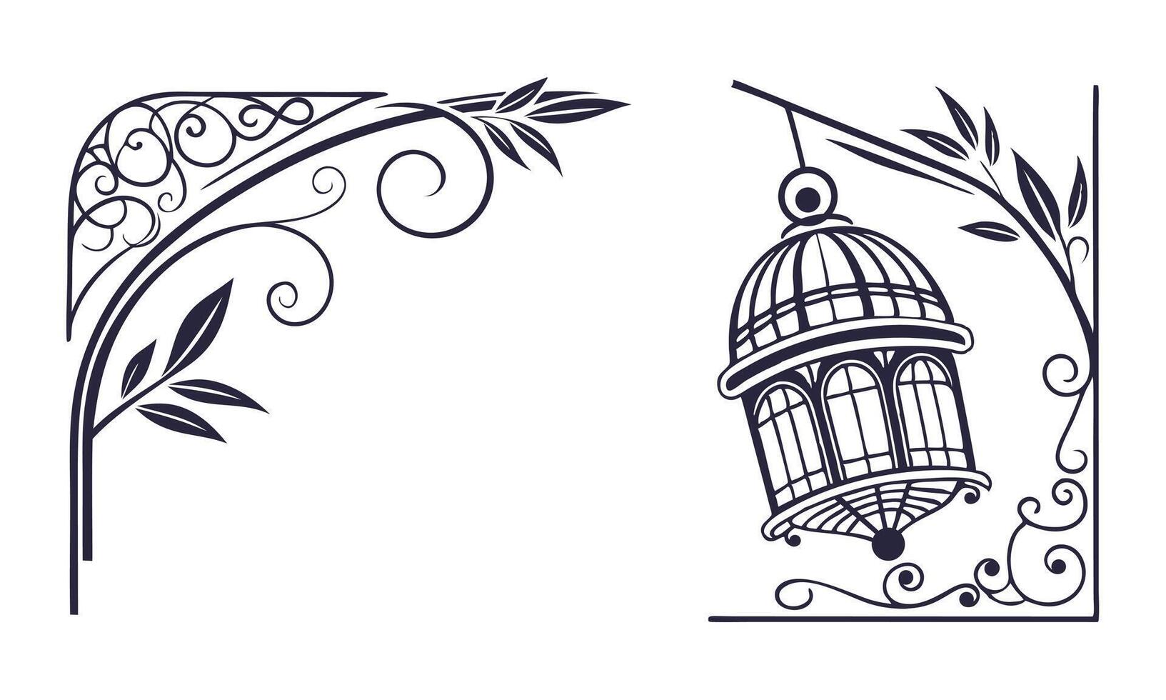 a black and white illustration of a birdcage and a frame vector
