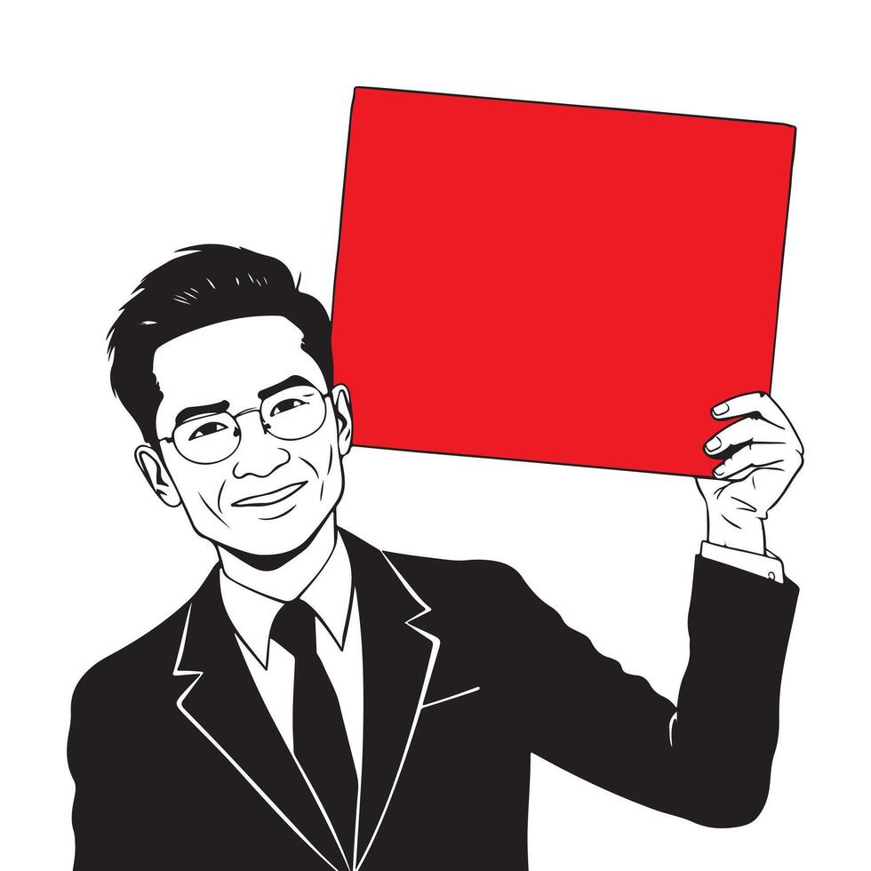 a man in a suit holding up a red sign vector
