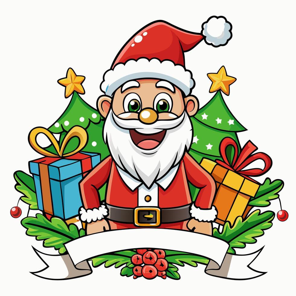 santa claus cartoon character with gifts and ribbon vector