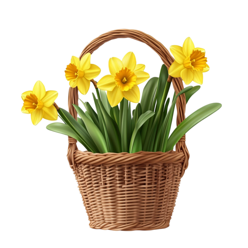 Blooming Yellow Daffodils in Woven Basket png