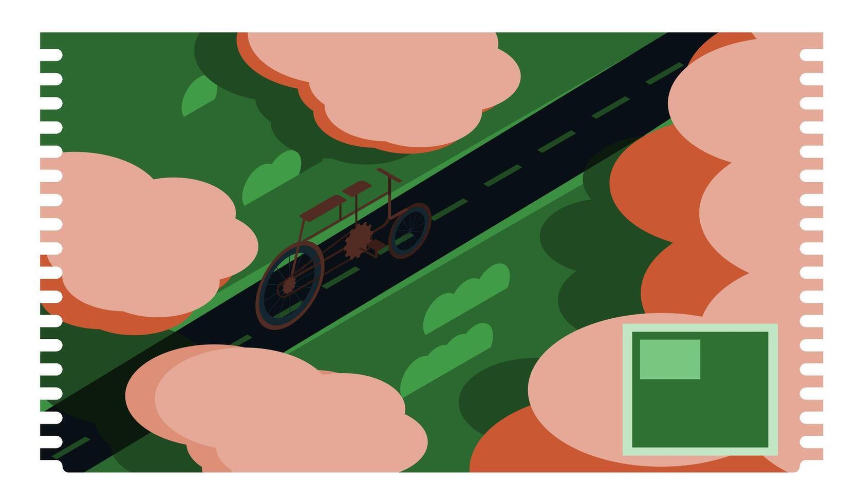a bicycle is seen on the road in a green and white background vector