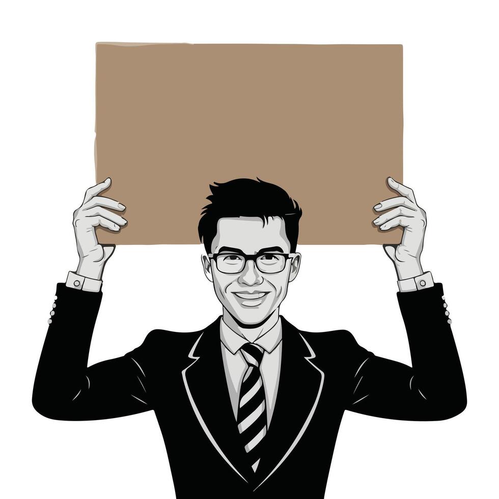 a man in a suit holding up a sign vector