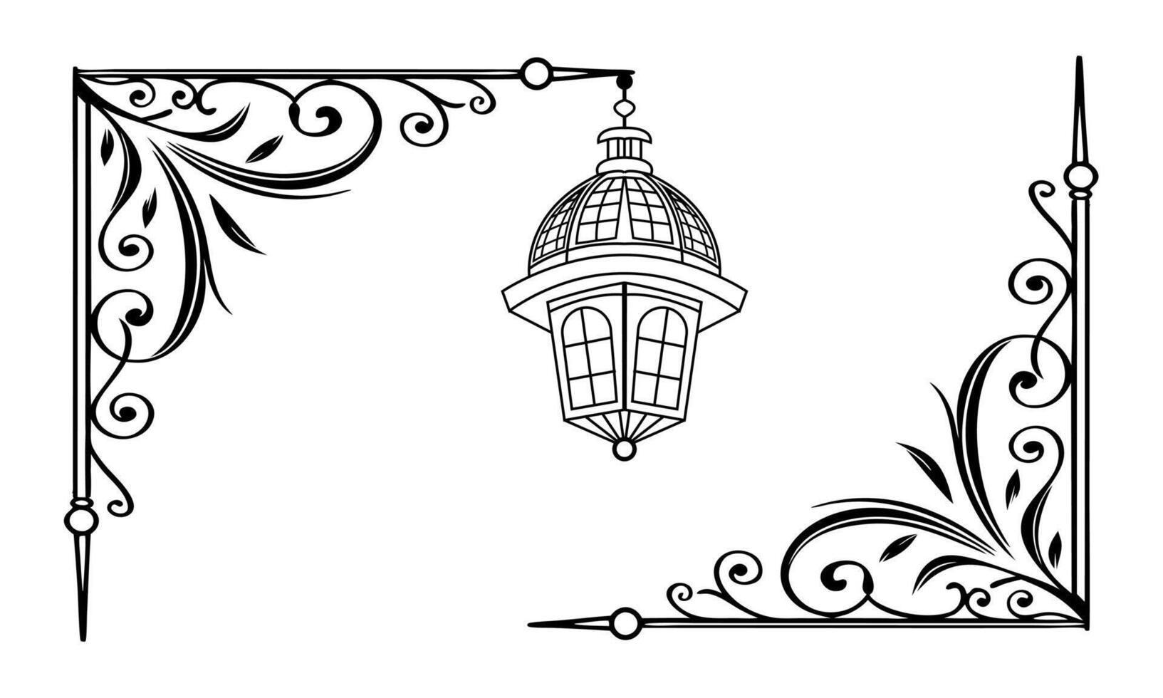 an ornate lamp hanging from a frame with a scroll vector
