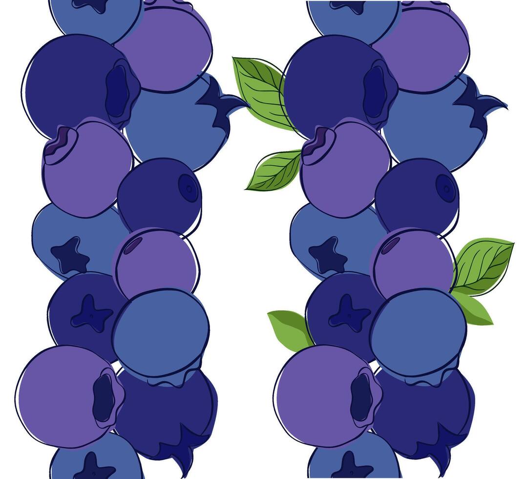 Blueberry group of flying ripe forest berry graphic line. Seamless vertical border set banner illustration, for restaurant, cafe menu, wedding, farmers market vector