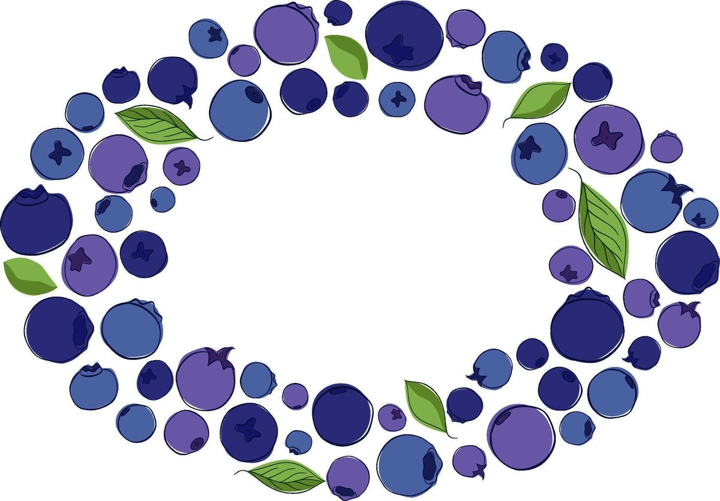 Blueberry with leaves oval frame with ripe blueberries in blue and violet tones on a white isolated background. graphic line illustration. vector