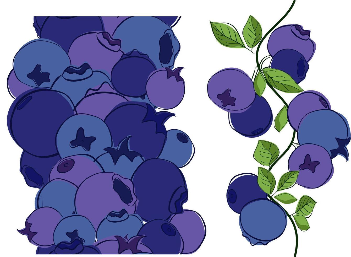 Blueberry branch seamless vertical border set with green leaves and berries isolated on white transparent background. Fresh healthy organic plants. vector