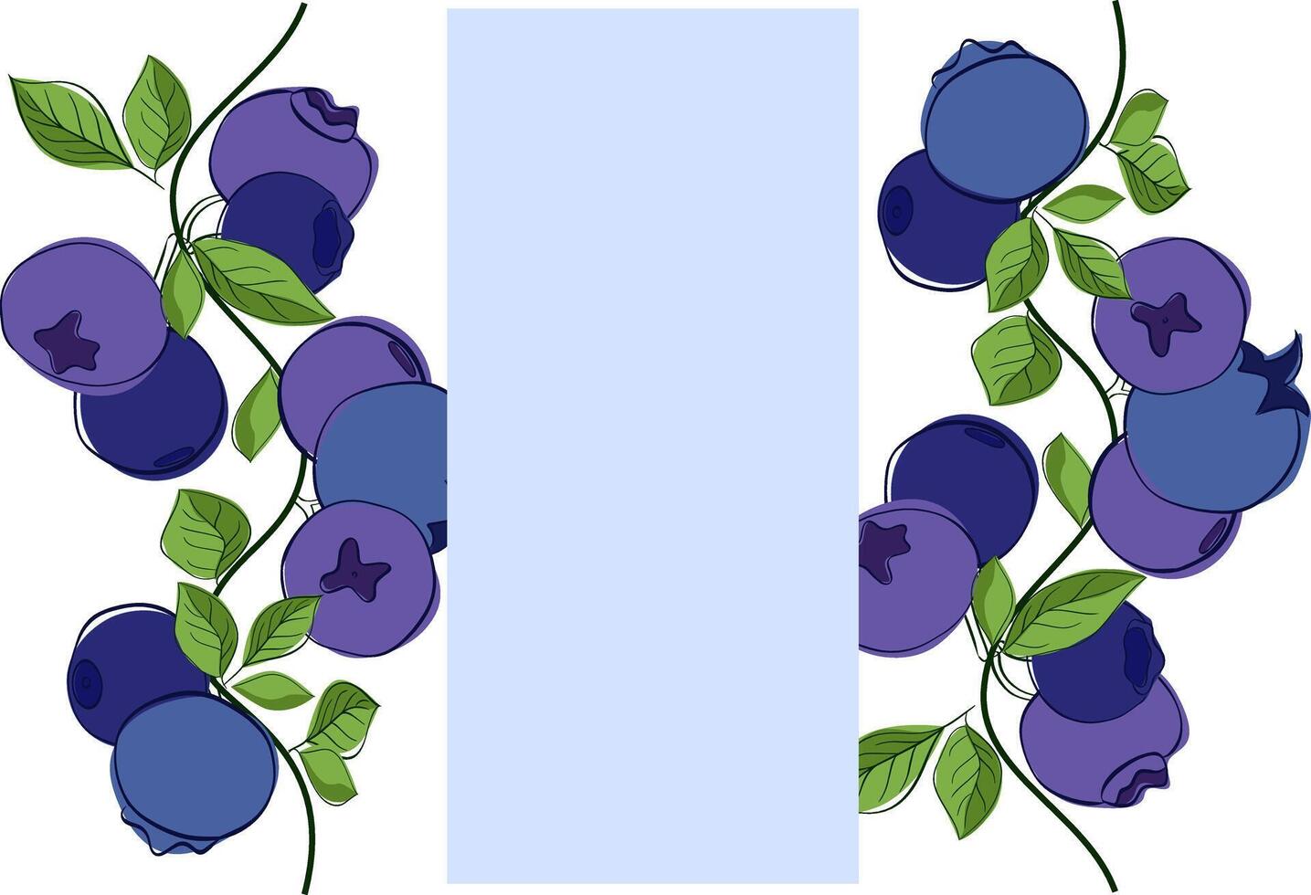 illustration of forest edible blueberries. Graphic line seamless border vertical frame vector