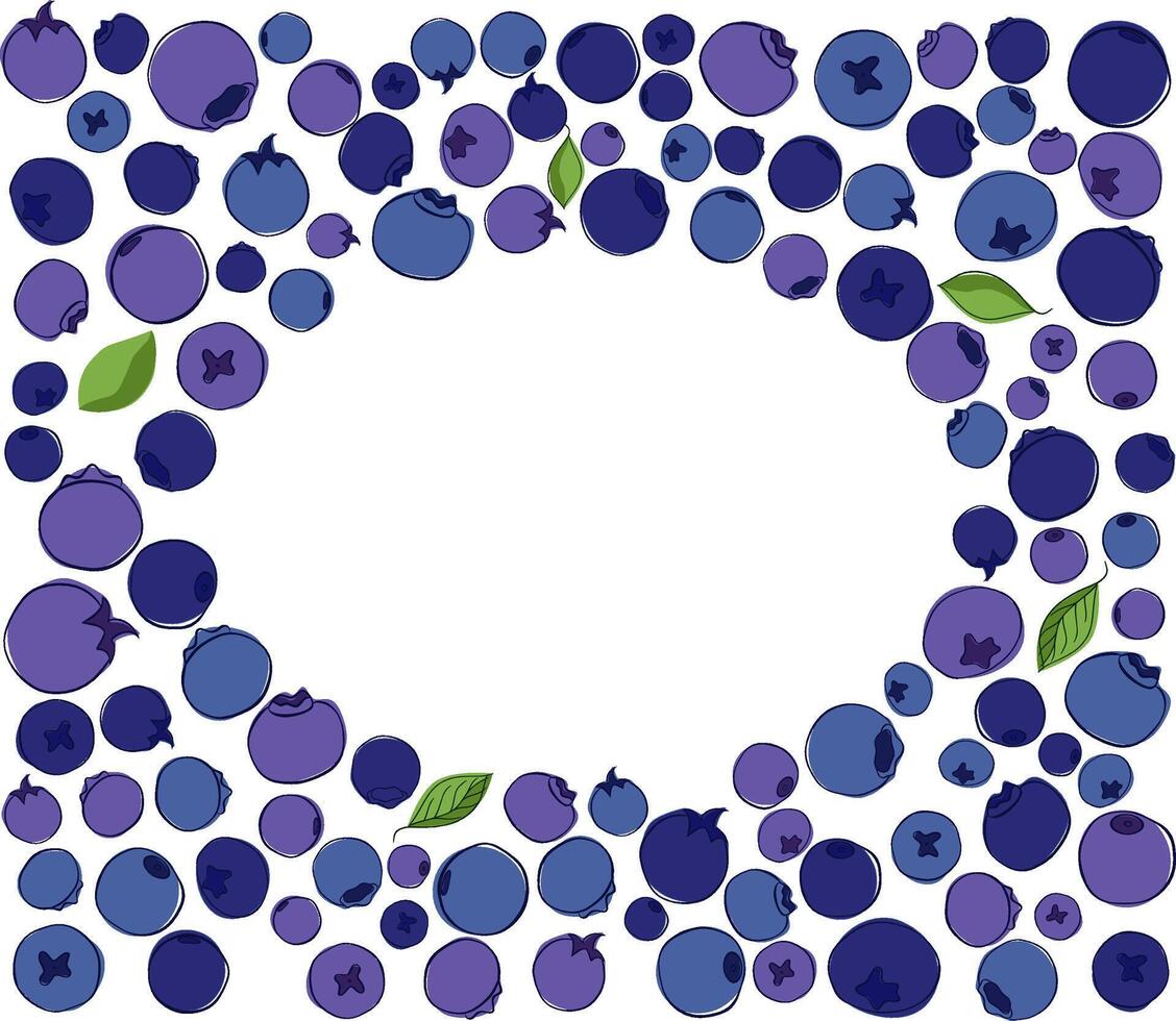 graphic line oval frame with wild berries and leaves. A handful of blueberries and foliage on a white isolated background. Wreath for a postcard or banner with a place for your text vector
