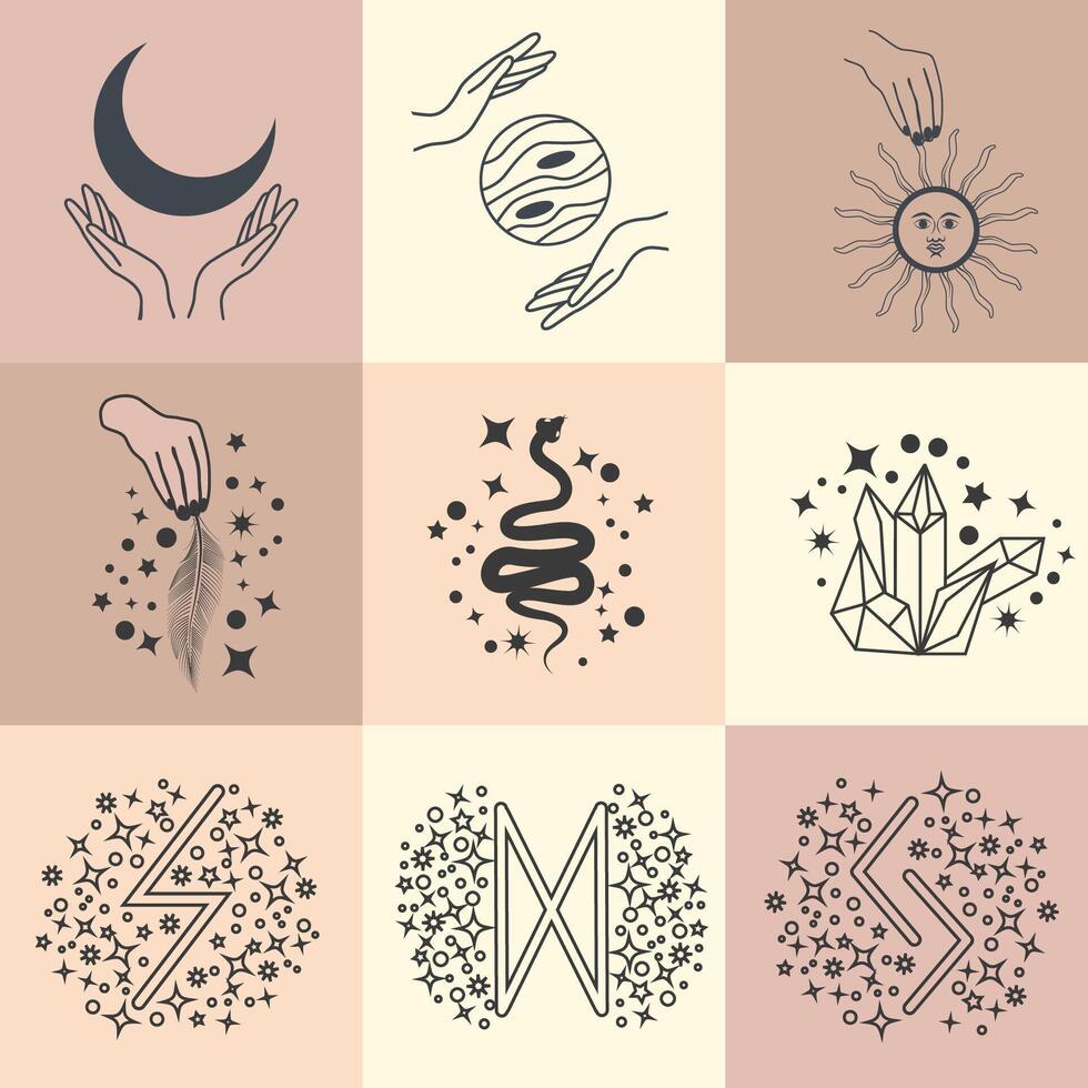Set of magic symbols, celestial seamless pattern. Astrological, magical and esoteric symbols vector