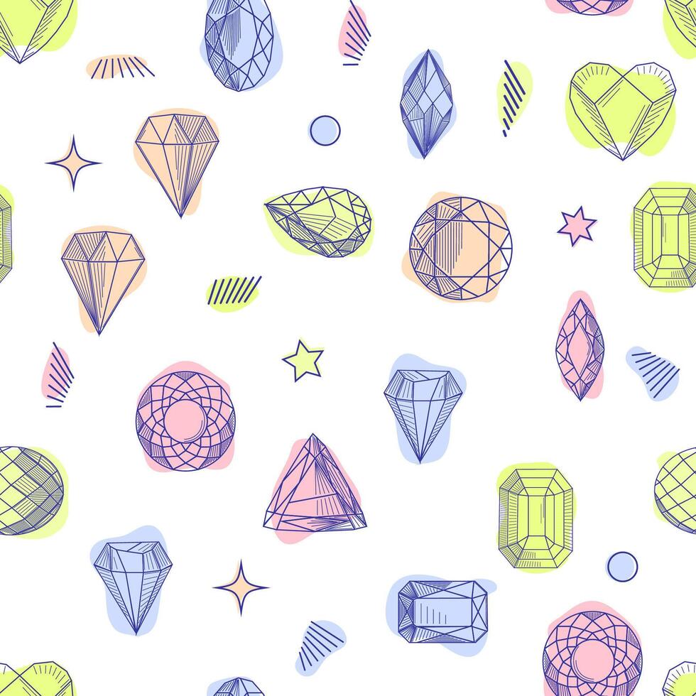 Gemstone crystal seamless pattern. Pastel gems and stars on white background vector