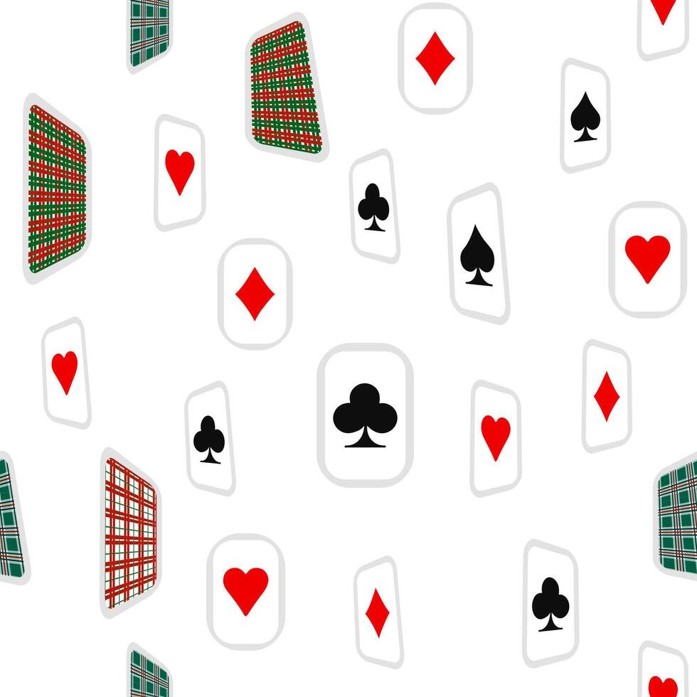 Red, black, golden suits of playing cards seamless pattern. Spades, crosses, diamonds, heart vector