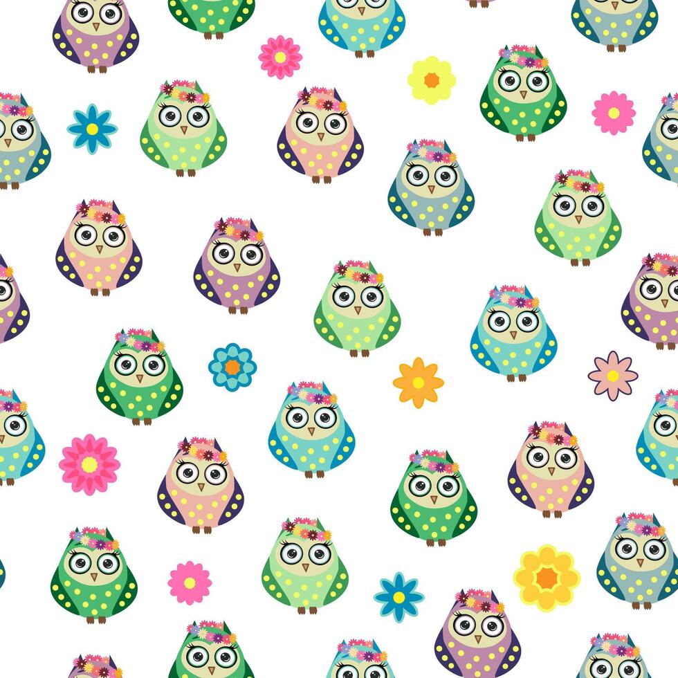 Seamless colorful owl pattern for children with flowers, clouds, branches. vector
