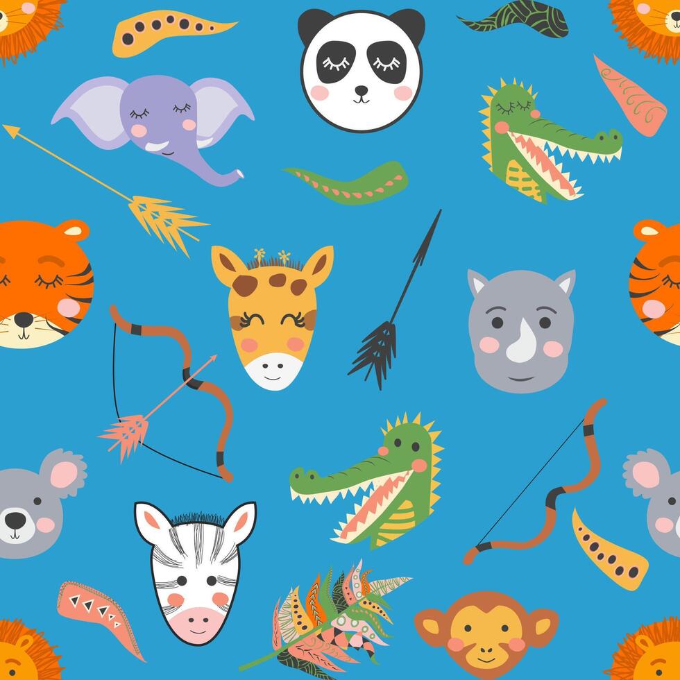Seamless baby pattern with cute tribal animal faces. Illustration in Scandinavian style, Indians with feathers vector