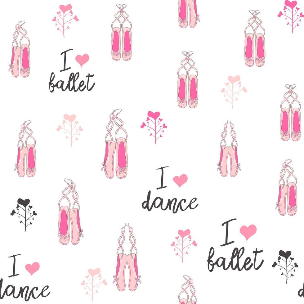 Seamless pattern with ballet pointe shoes and additional elements, imitation of a sketch, watercolors. Ballet school vector