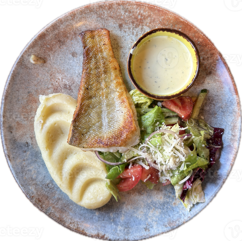 A delicious and healthy meal- Grilled cod served with creamy mashed potatoes and a fresh vegetable salad. png