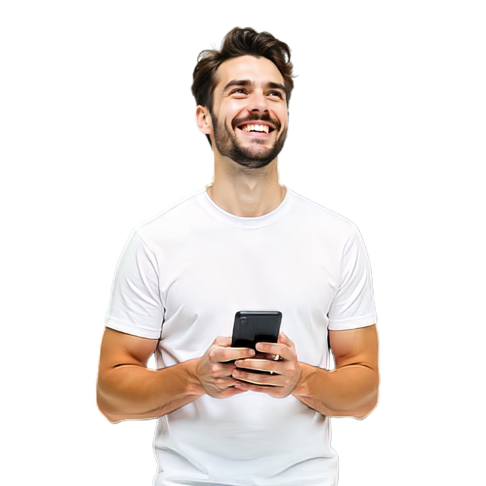 Thoughtful Young Man Holding Phone and Gazing into the Distance png