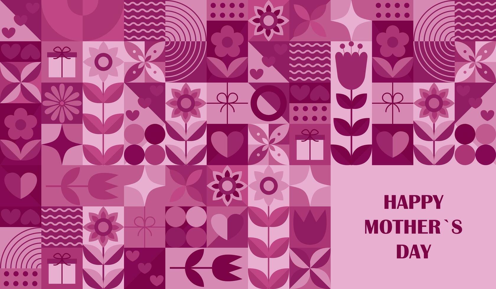 Mothers Day horizontal banner with Bauhaus geometric elements including flowers, gift boxes, hearts and geometric shapes. illustration vector
