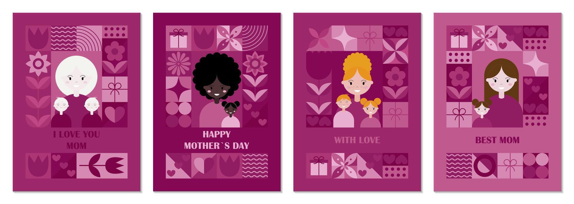 Set of Mothers Day vertical greeting cards with modern abstract geometric pattern. illustration vector