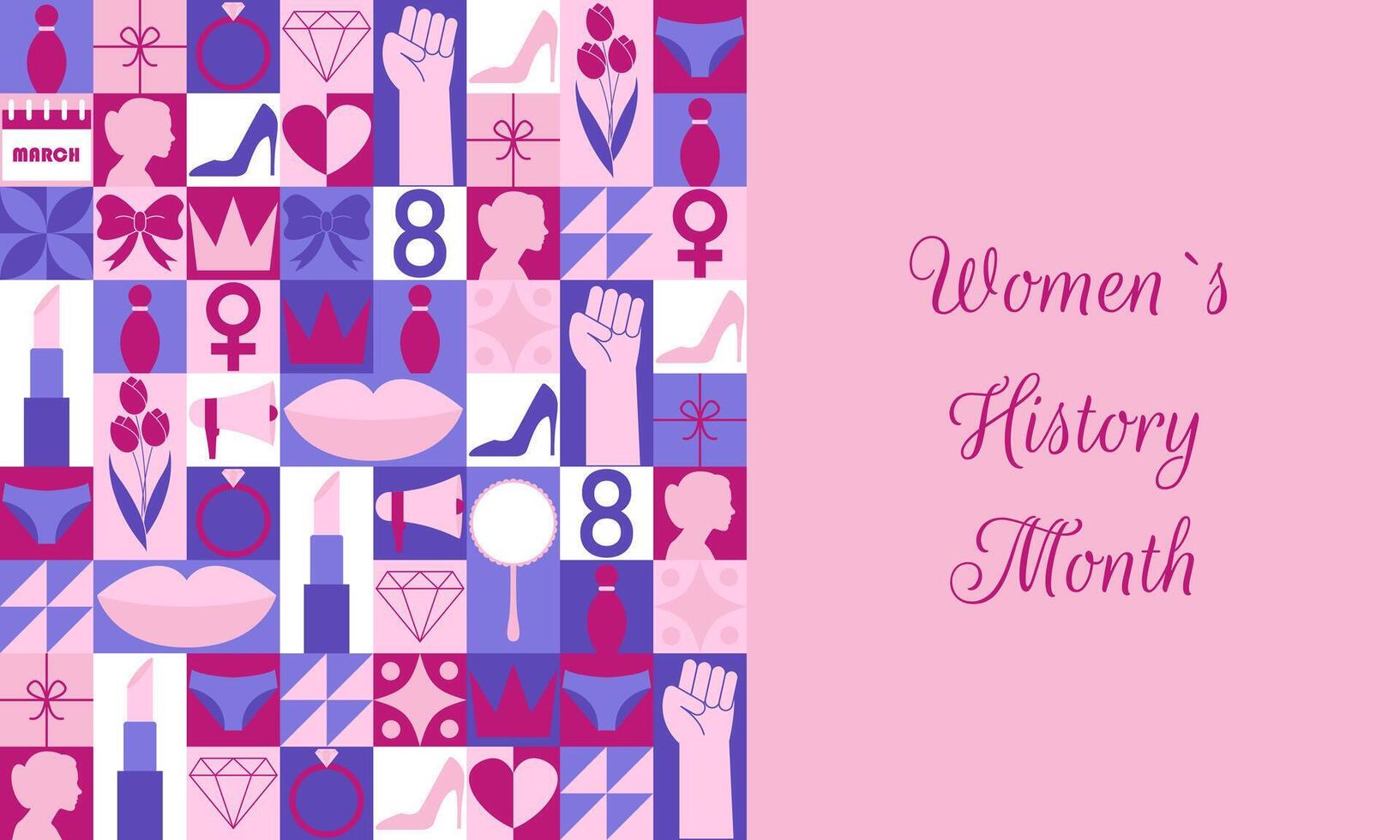 Womens History Month geometric pattern of abstract modern shapes with holiday elements. Poster for Womens Day party. illustration vector