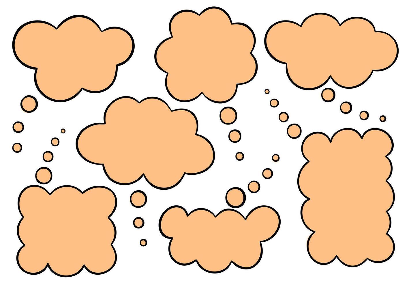 Set of orange thinking speech bubbles on white background, isolated. Speak balloon text, cartoon chatting vector
