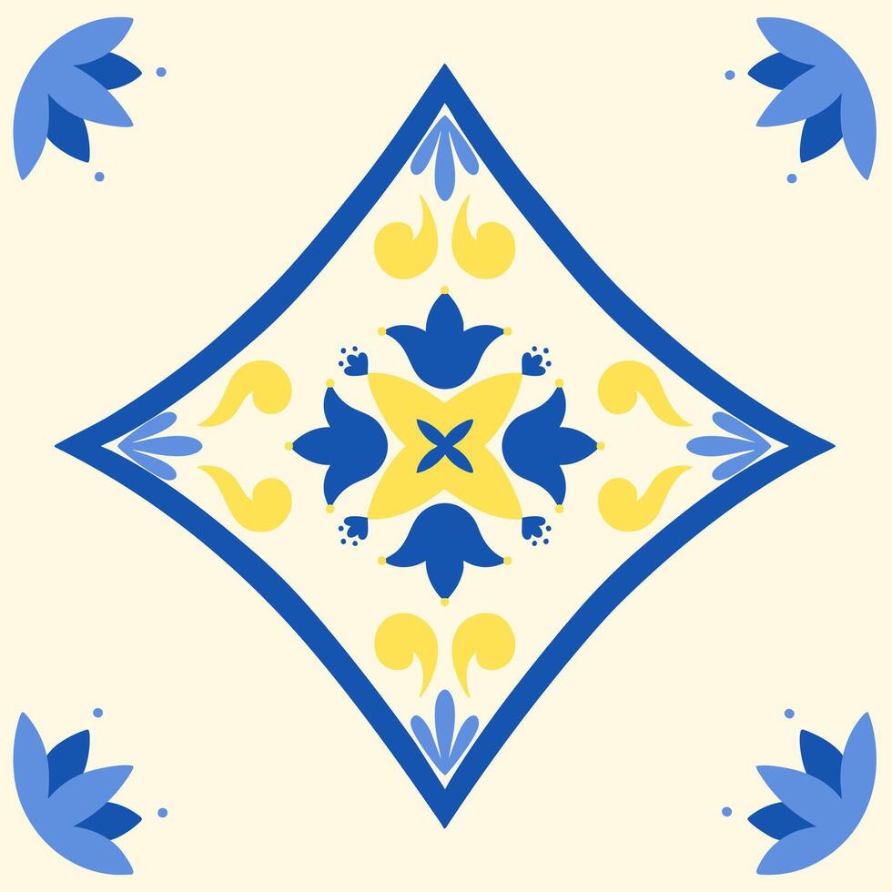 Mediterranean design tile in blue and yellow. Greek portugal azulejo ornament. Ceramic motif, patchwork, mosaic vector