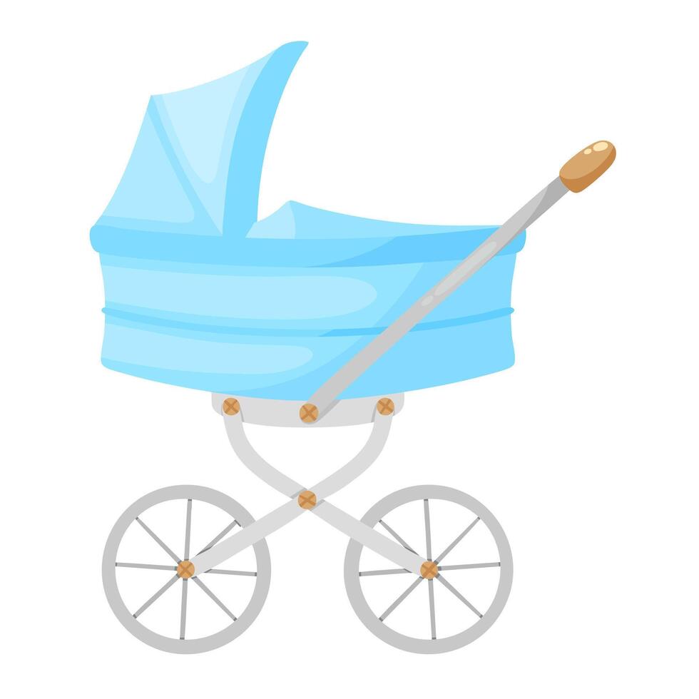 Blue baby stroller illustration. Perambulator, pram, pushchair, buggy, baby carriage clip art vector