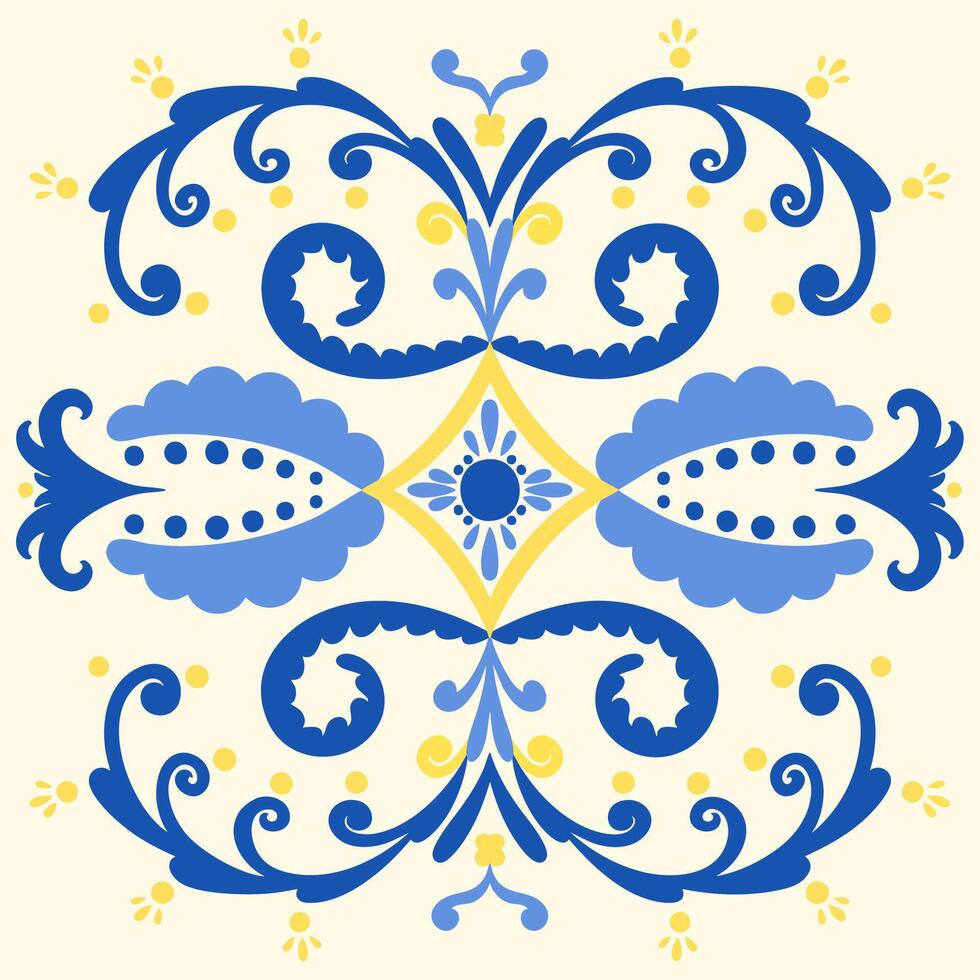 Mediterranean tile in blue and yellow. Portugal design ornament. Ceramic motif, patchwork, mosaic vector