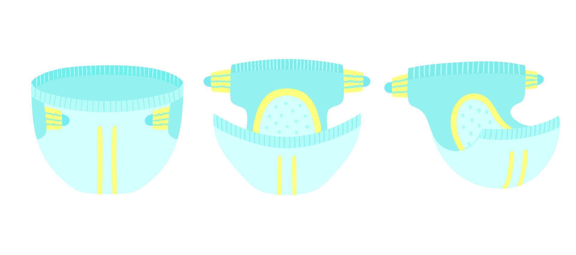 Baby diapers illustrations. Diaper angles, diaper changing, infant hygiene clip art vector