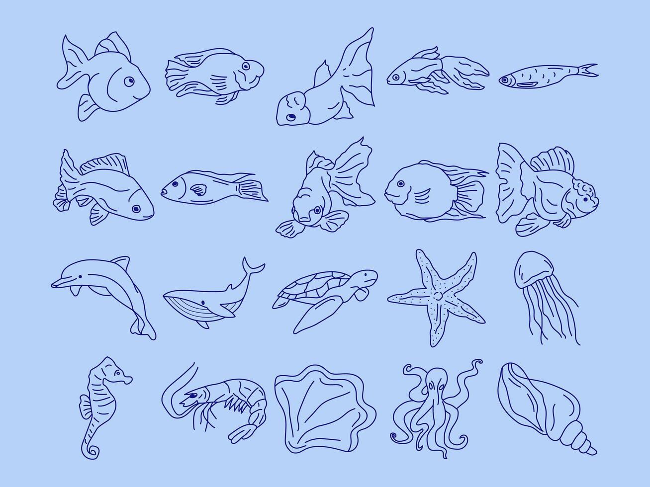 Set of hand drawn fish icon design template. vector