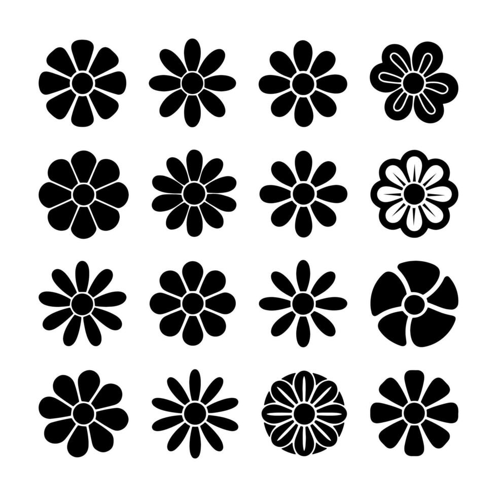 Daisy Groovy Flower Black Silhouette Icons Set. Collection Of Simple Floral Elements. vector