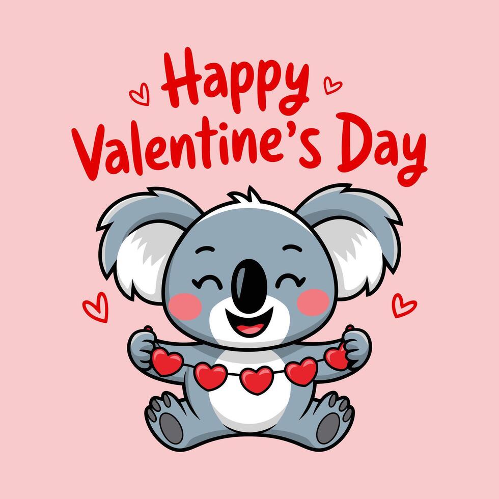 Cute Cartoon Koala Holding A String Of Red Hearts, Smiling Warmly, Surrounded By A Cheerful Happy Valentine's Day vector