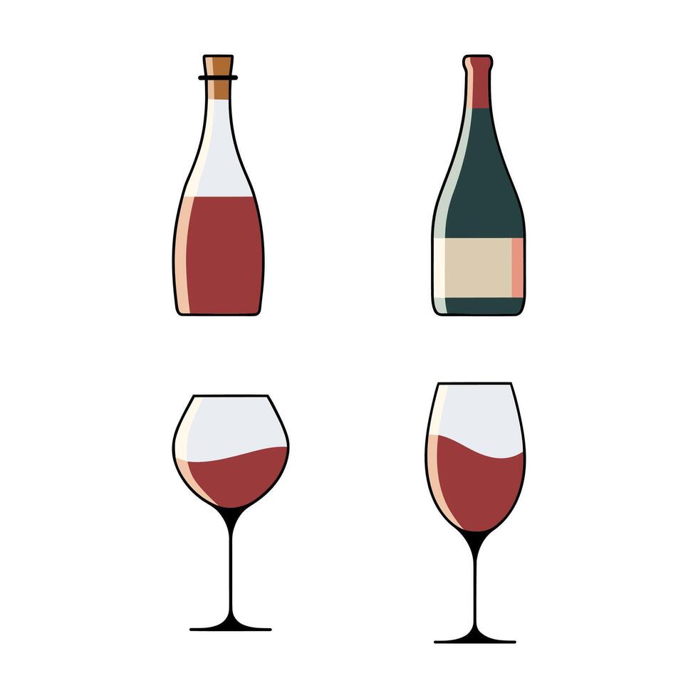 Flat Color Wine Bottle And Glass Icon. Wine Bottle Glass Icon Isolated On White Background vector