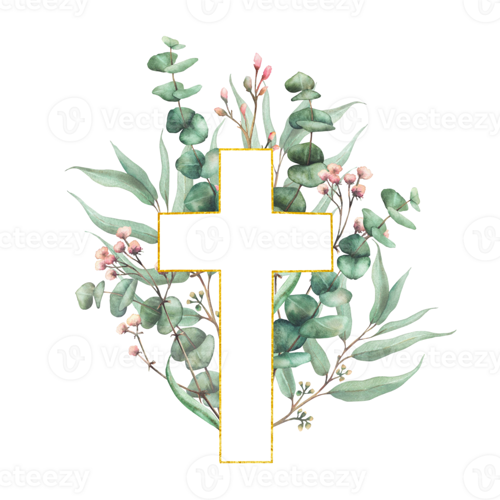 Gold framed cross with Eucalyptus plant green branches and small pink flowers, buds twig. Christian Religion. Watercolor hand drawn illustration for Baptism, Easter card. Isolated from background png