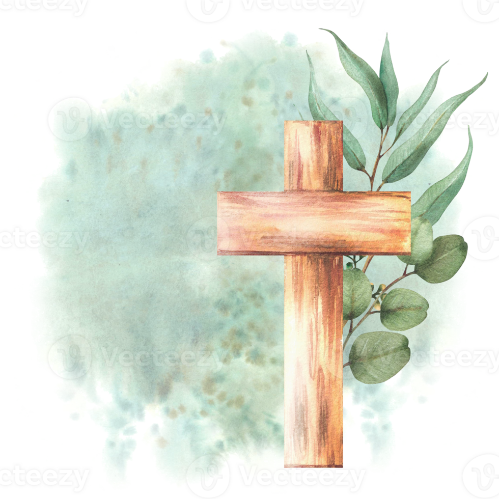 Christian religion cross with Eucalyptus plant green branches on Watercolor splashes, spotted blurred background. Hand drawn illustration. Religious Baptism invitation, Easter card. Isolated clipart png