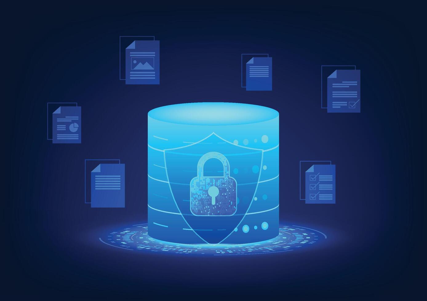 Server technology with lock and shield on the front, showing cyber security. There is a document sheet on the back, conveying data protection and IT server management and information security. vector