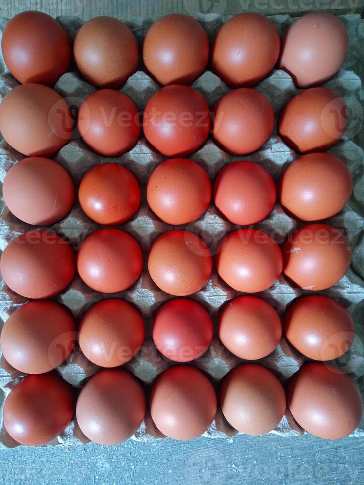 Flat lay view of broiler chicken eggs on a tray. Rows of eggs in a traditional market. A group of Omega eggs produced by laying hens given special feed that contains more omega-3 fatty acids. photo