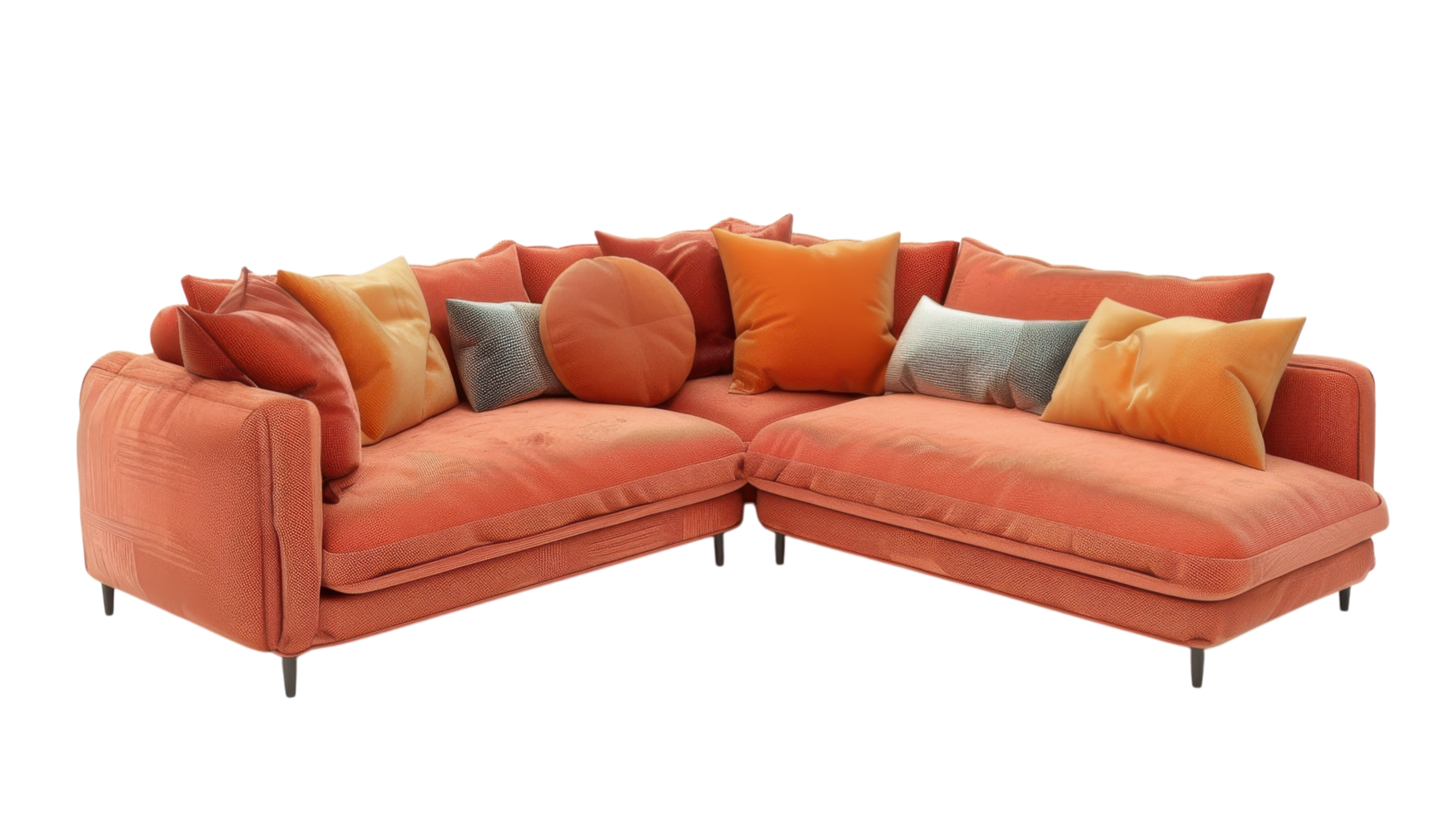 An orange sectional sofa with a few pillows png