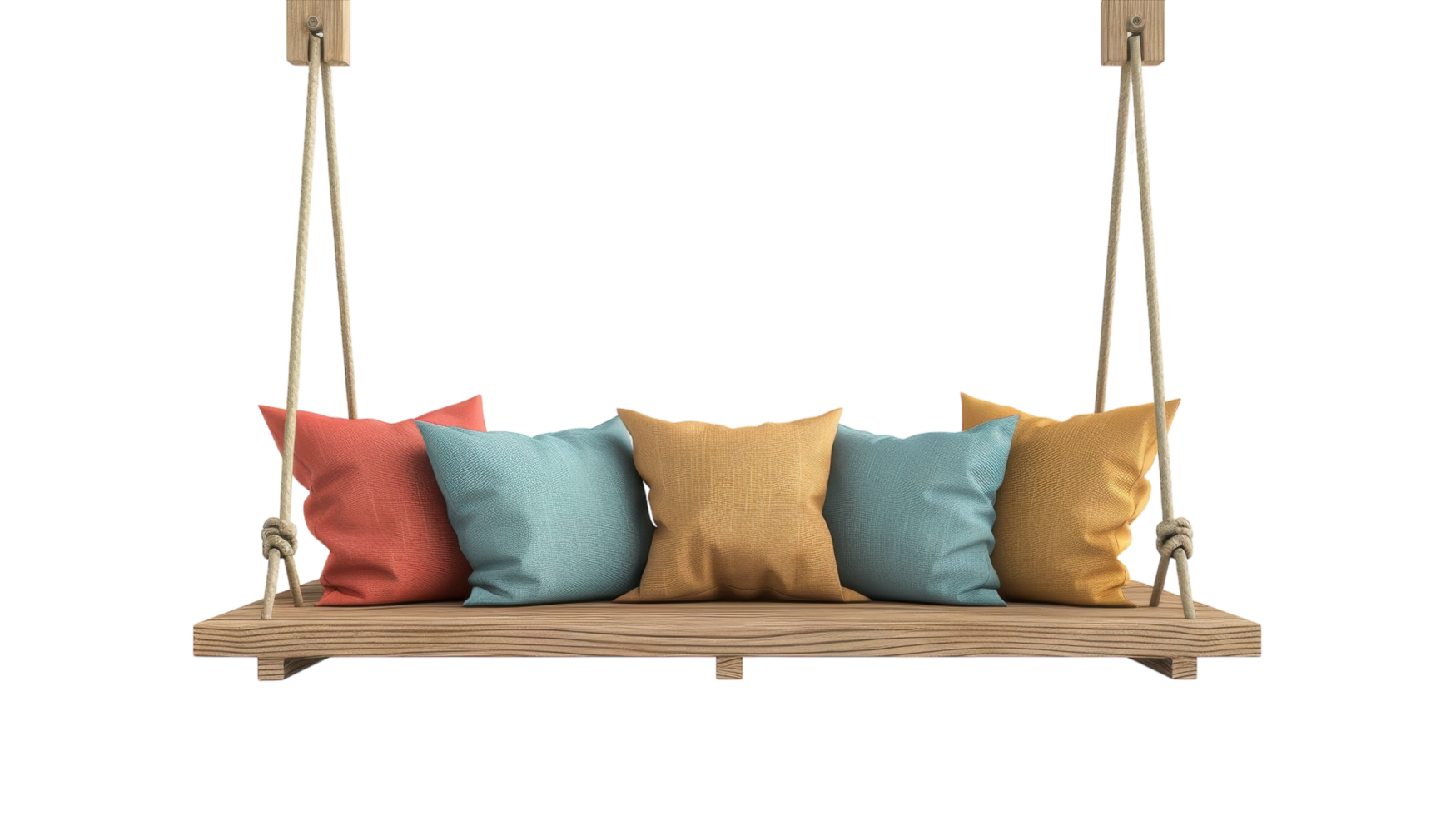 A wooden swing with colorful pillows on it png