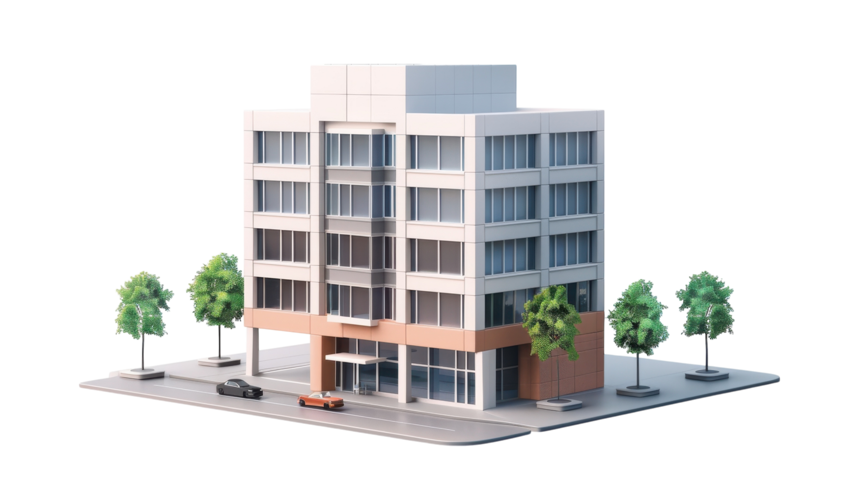 A 3d model of a building with trees and trees png