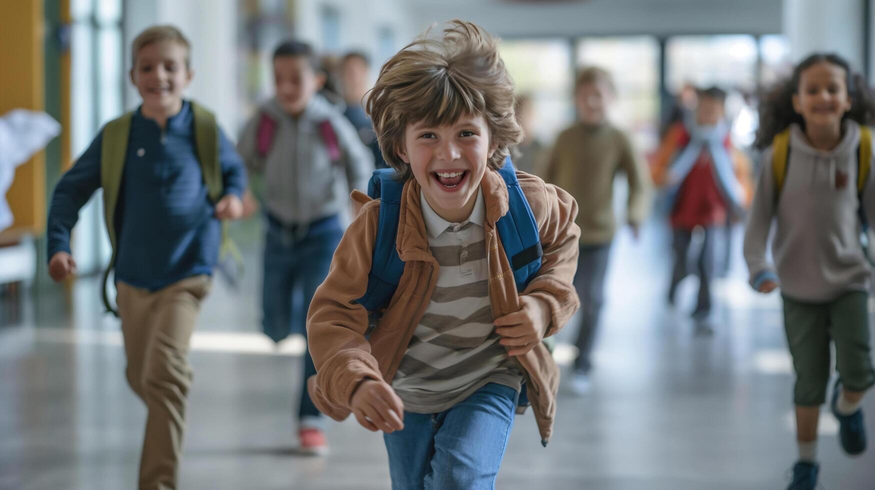 several students were running in the school corridor photo