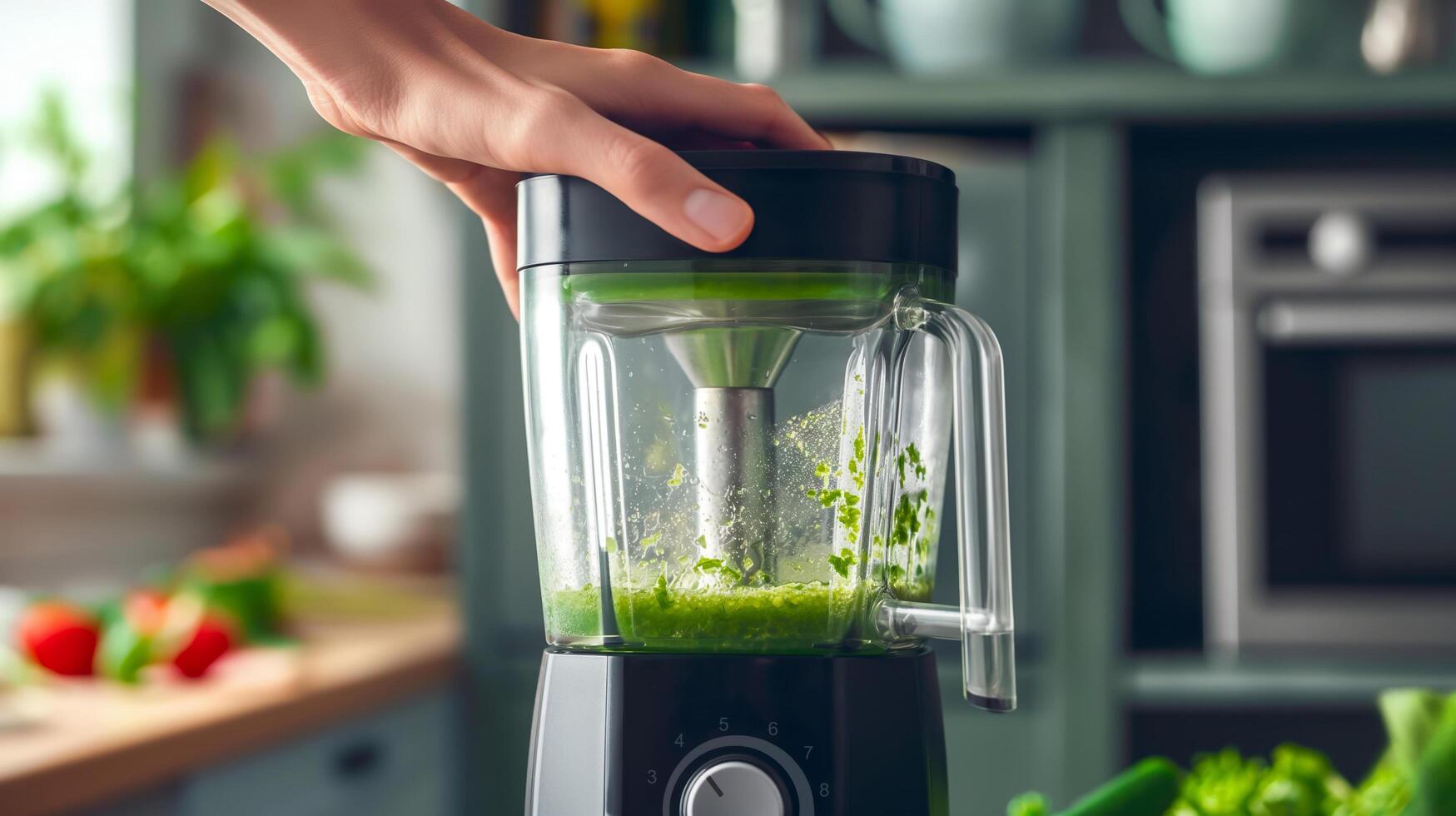 close up of hand are operating a juice blender machine photo