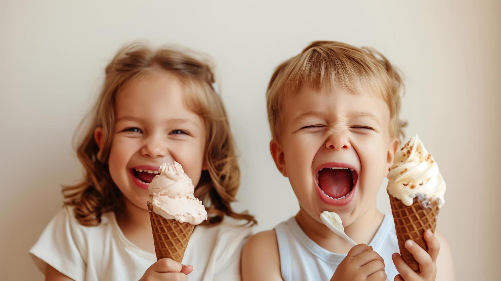 two children are enjoying eating ice cream photo