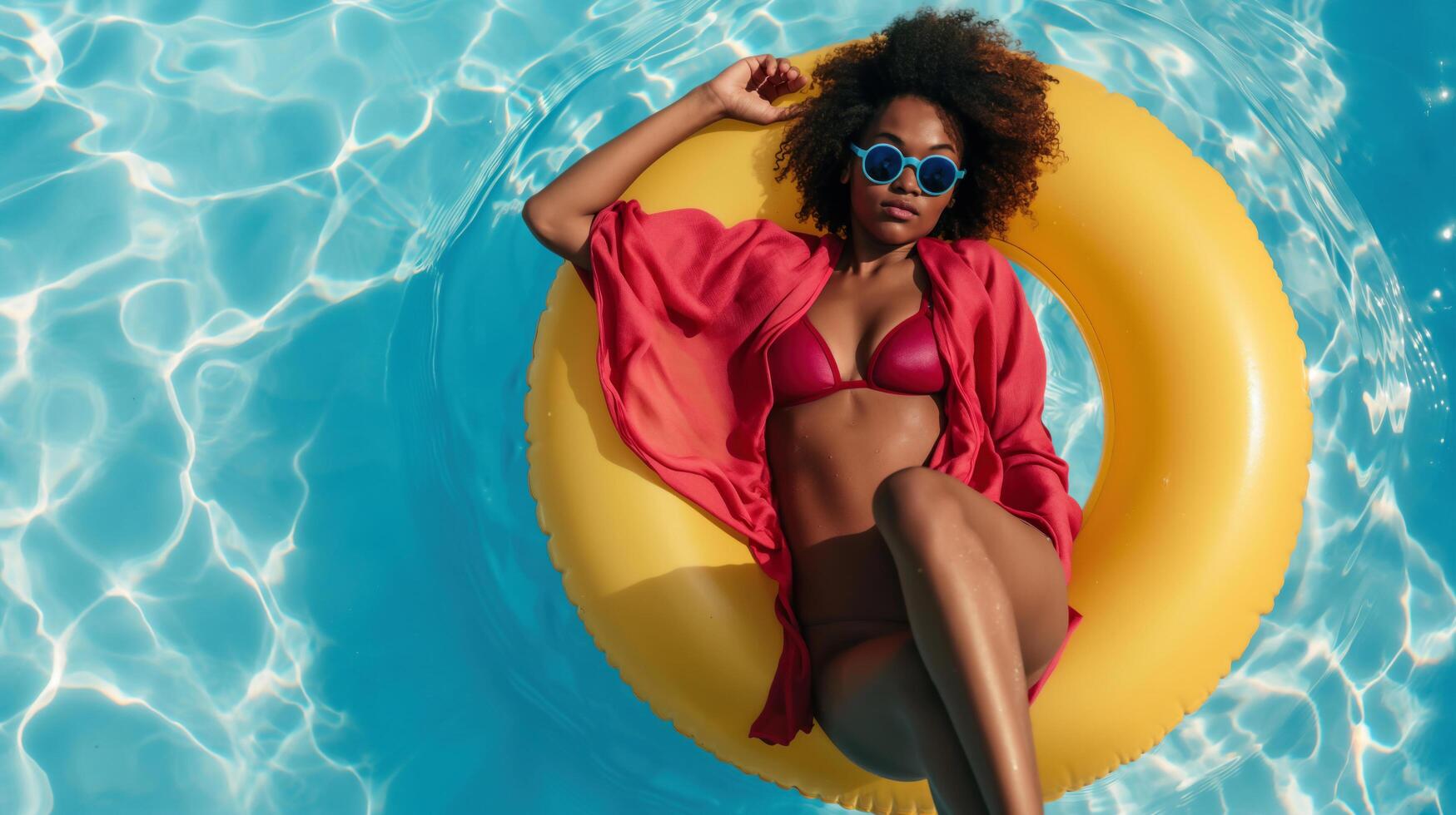 young lady is sunbathing in the swimming pool using an inflatable ring photo